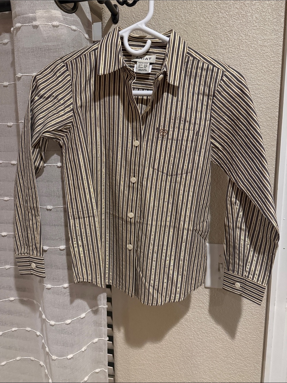 Ariat Girl’s Vertical Stripe Button-Up Shirt in Beige and Black
